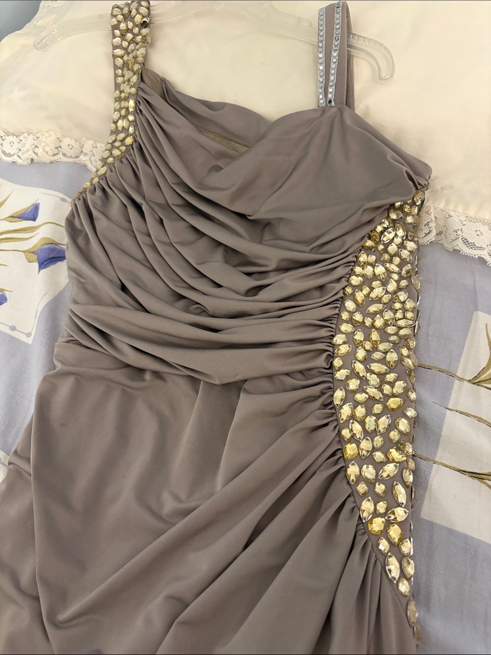 Camille La Vie Taupe Prom Dress with Gold Crystal Accents